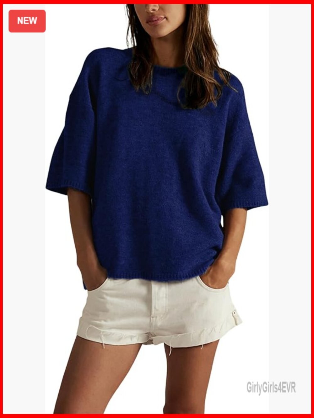 Women's Short Sleeve Sweater Tee Crewneck Pullover Loose Ribbed Knit Top